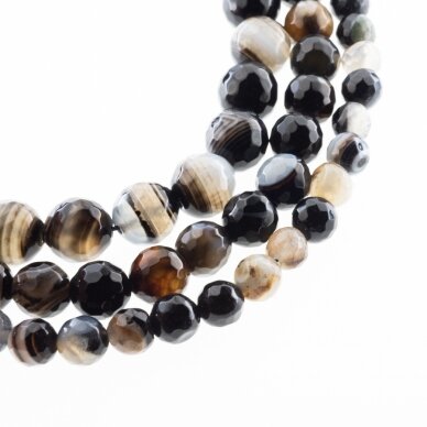 Striped Agate, Natural, B Grade, Dyed, Faceted Round Bead, Black-Brown, 37-39 cm/strand, 4, 6, 8, 10, 12, 14 mm