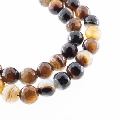 Striped Agate, Natural, B Grade, Dyed, Faceted Round Bead, Brown, 37-39 cm/strand, 4, 6, 8, 10, 12, 14 mm