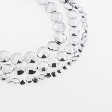 Hematite, Reconstituted, Faceted Puffed Disc Bead, Nickel Grey, 39-40 cm/strand, 4, 6, 8, 10, 12 mm