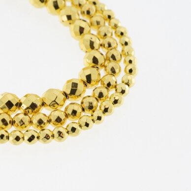 Hematite, Reconstituted, Electroplated, Faceted Round Bead, Yellow Gold, 39-40 cm/strand, 2 mm