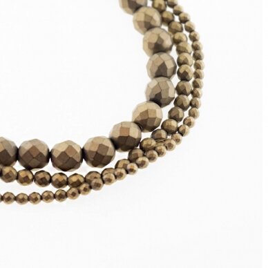 Hematite, Reconstituted, Matte Faceted Round Bead, Khaki Gold, 39-40 cm/strand, 2, 2.5, 3, 4, 5, 6, 8, 10, 12 mm