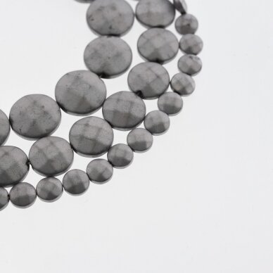 Hematite, Reconstituted, Matte Faceted Puffed Disc Bead, Nickel Grey, 39-40 cm/strand, 4, 6, 8, 10, 12 mm