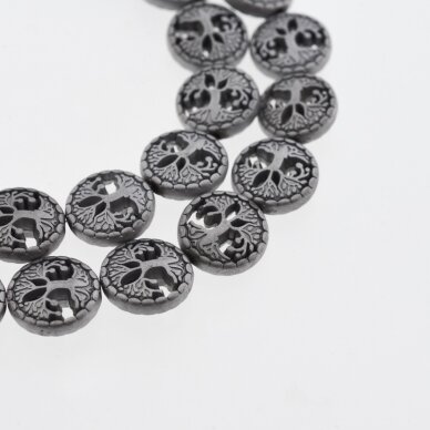 Hematite, Reconstituted, Matte Hollow Tree of Life Bead, Nickel Grey, 39-40 cm/strand, 12 mm