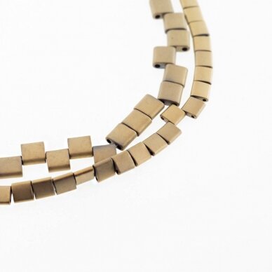 Hematite, Reconstituted, Matte Puffed Square Bead, Double Drilled, Khaki Gold, 39-40 cm/strand, 5x5x2, 6x6x3 mm