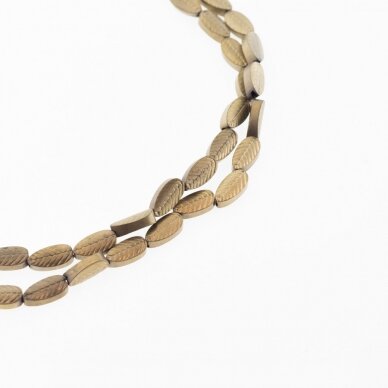 Hematite, Reconstituted, Matte Carved Leaf Bead, Khaki Gold, 39-40 cm/strand, 4x8 mm