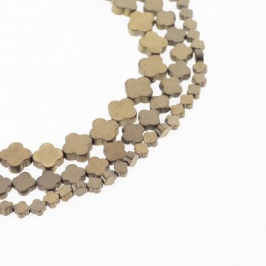 Hematite, Reconstituted, Matte Flat Four-leaf Clover Bead, Khaki Gold, 39-40 cm/strand, 4x4, 6x6, 8x8 mm