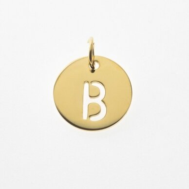 Stainless steel alphabet letter pendant 'B', gold plated, gold color, diameter-12 mm, hole size-4 mm