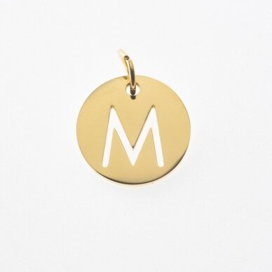 Stainless steel alphabet letter pendant 'M', gold plated, gold color, diameter-12 mm, hole size-4 mm