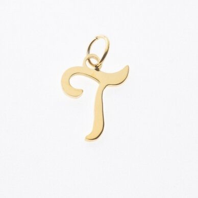 Stainless steel letter 'T' pendant, gold plated, gold color, wide-10 mm, length-17 mm, hole size-4 mm