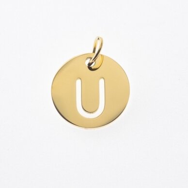 Stainless steel alphabet letter pendant 'U', gold plated, gold color, diameter-12 mm, hole size-4 mm