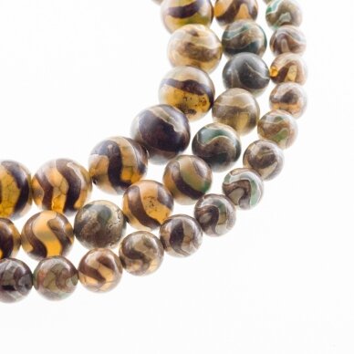 Tibetan Style Dzi Agate, Natural, B Grade, Dyed, Heated, Round Bead, Waved Light Brown-Green, 37-39 cm/strand, 8, 10, 12 mm