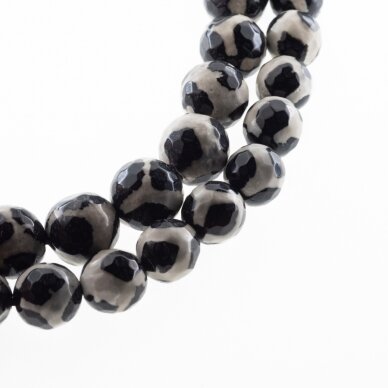 Tibetan Style Dzi Agate, Natural, B Grade, Dyed, Faceted Round Bead, Turtle Back Black-White, 37-39 cm/strand, 8, 10, 12 mm